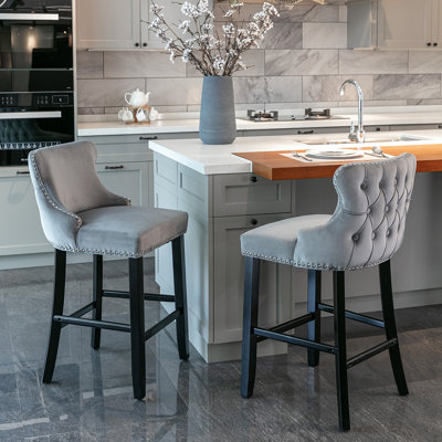 A&A Furniture,Contemporary Velvet Upholstered Wing-Back Barstools With Button Tufted Decoration And Wooden Legs, And Chrome Nailhead Trim, Leisure Style Bar Chairs,Bar Stools, Set Of 2,SW1824B