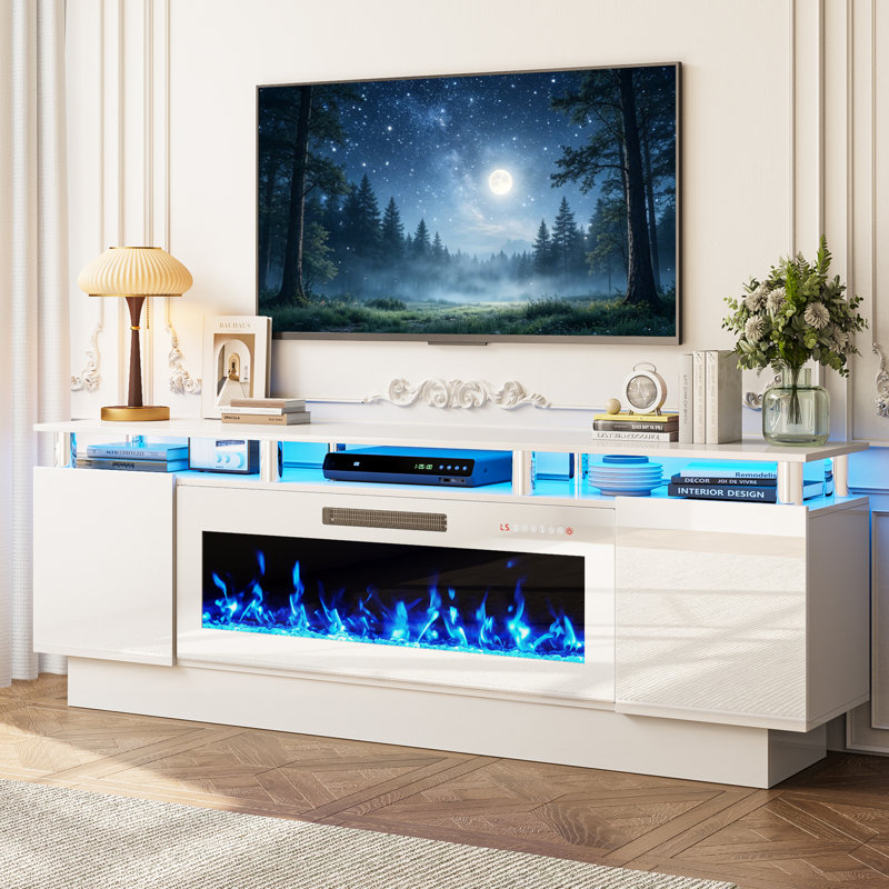 Meuble TV Aleila 70 po avec foyer électrique 40 po, console multimédia moderne à 2 niveaux pour salon, placards de rangement laqués brillants avec éclairage DEL, compatible avec les téléviseurs jusqu'à 80 po
