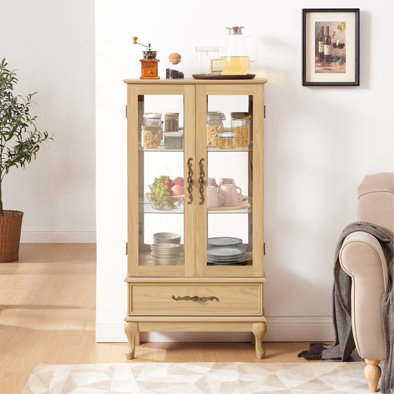 Curio Cabinet Lighted Glass Cabinet Glass Wine Cabinet Curio Display Cabinet With Adjustable Glass Shelves 2 Doors And 1 Drawer Cabinet Sideboard With Bulb Included Light Oak