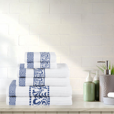 Mikira Athens Cotton Medium Weight Floral Border Greek Key Trim 6 Piece Assorted Towel Set