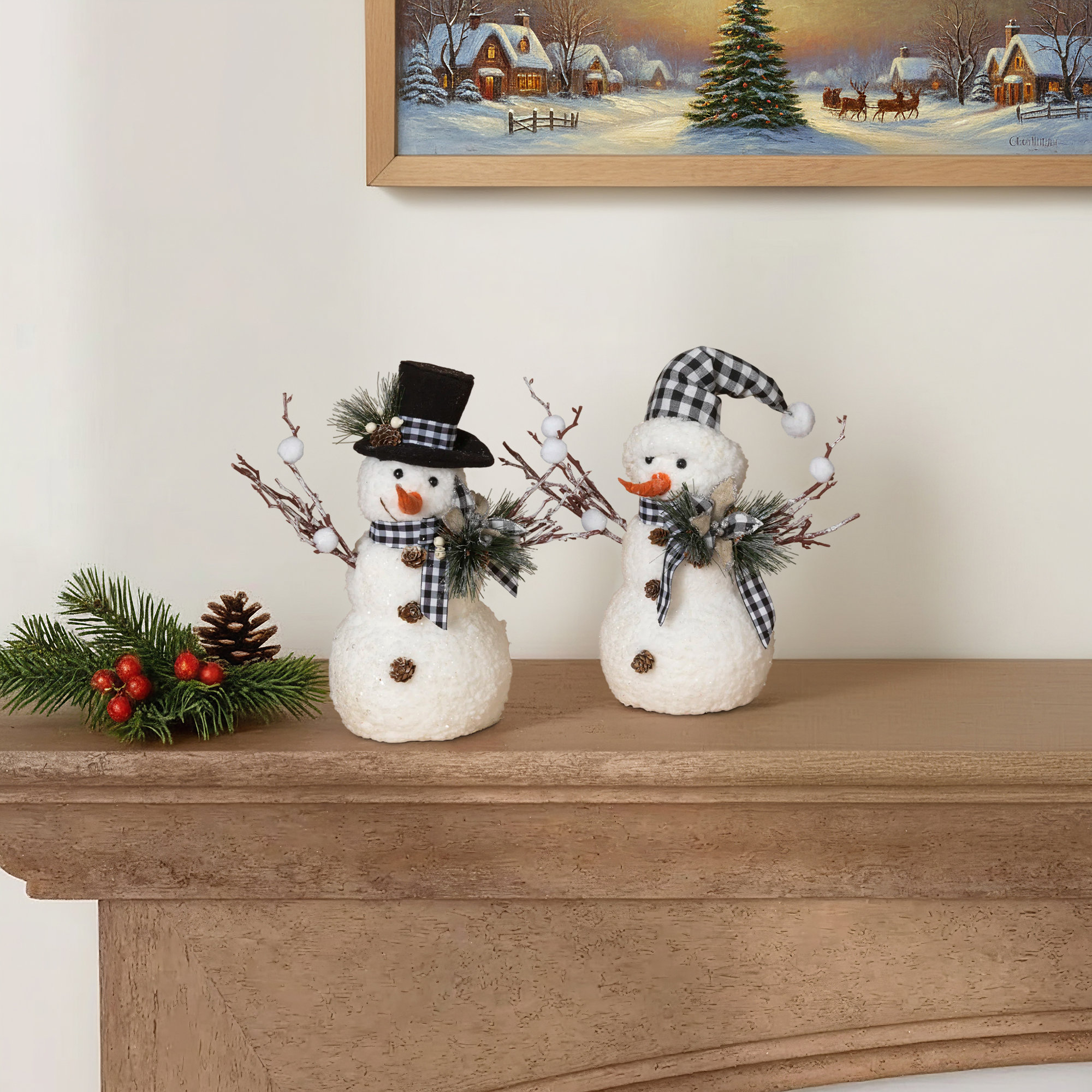 Set Of 2 18 In. Holiday Snowman With Pine & Fabric Bow