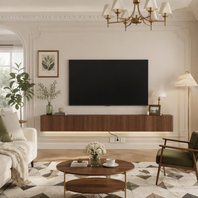 Floating Wall Mounted TV Stand with LED Lights, Power Outlets, and High Gloss Finish for Modern Living Rooms