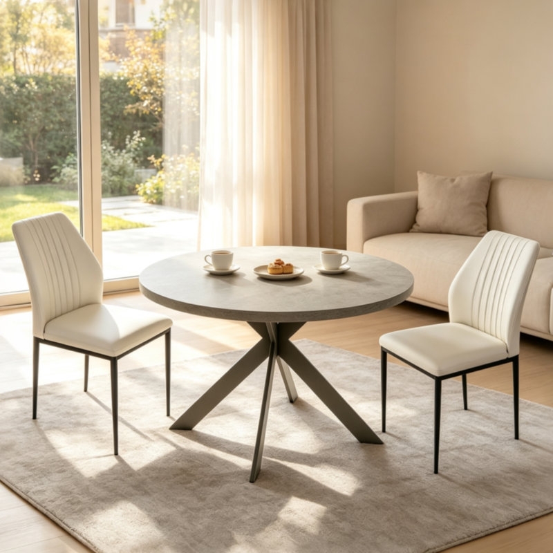 Cappelletti Round Steel Pedestal Dining Table Set, White, 3 Pieces: Table, 2 Chairs
