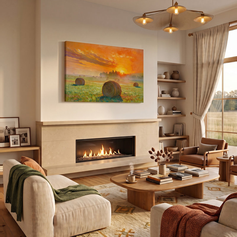 Toile, art mural, coucher de soleil vibrant, balles de foin, paysage impressionniste, 18 po x 24 po, ton chaud campagne pour chambre à coucher, couloir