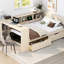 Lit double en bois avec tête de lit tapissier de couleur crème, tablettes de rangement et plateforme de chargement-131377314