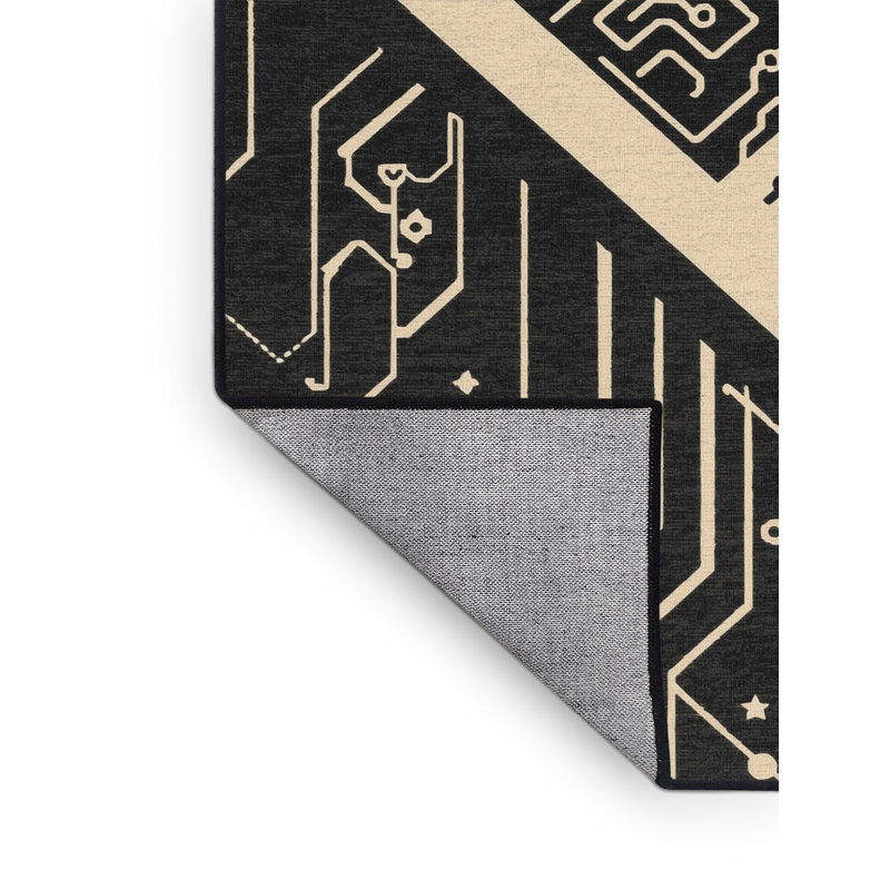 Machine Washable Orfelinda Eight Bit Console Retro Geometric Rug in Black – Black Binding, 7x10
