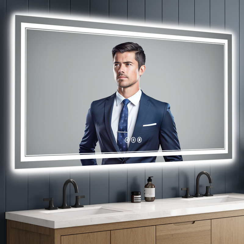 Miroir de salle de bain à DEL avec éclairage: avant et rétroéclairé, verre trempé, 3 couleurs, intensité variable, IRC 90+, désembuage