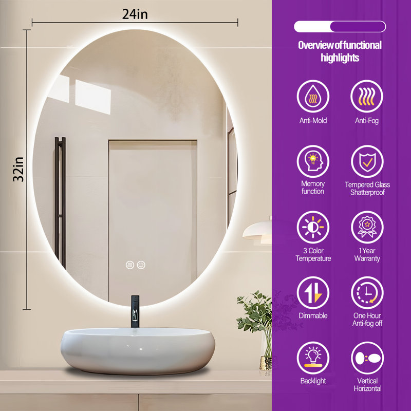 Lunara UL Certified Frameless Backlit LED Bathroom/Vanity Mirror, Temper Glass Oval Mirror, 32" x 24" , Oval