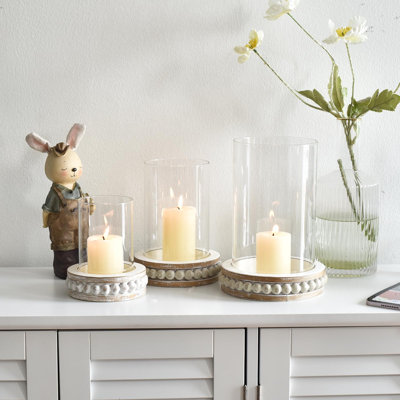 3-piece Wood Beaded Glass Hurricane Candle Holder Set – Rustic Whitewashed Base