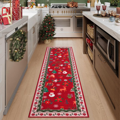 Tapis de Noël lavable avec rennes et flocons de neige pour salon, chambre et cuisine