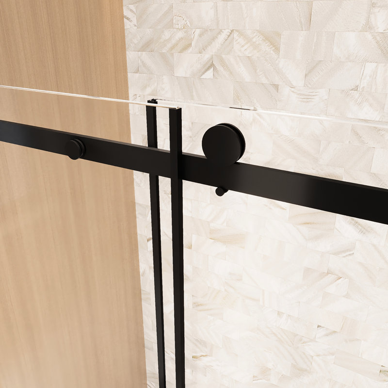 1/4 " 6 Mm  Clear Tempered Glass Single Sliding Shower Door 56 - 60 "W X 76" H, Film, Stainless Steel Handle, Square Tube Track, Matte Black For Bathroom In Black, With Track And Film