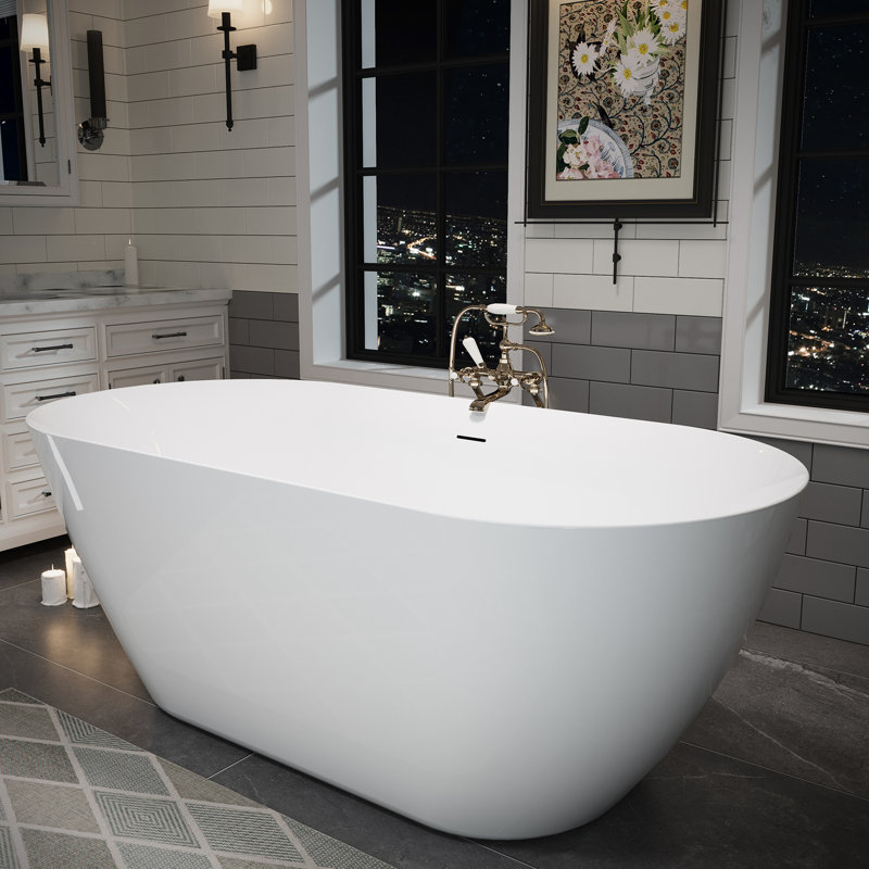 Oval 60" Glossy White Acrylic Freestanding Soaking Bathtub For Bathroom Spa, Featuring A Pre - Installed Drain & Overflow System, Adjustable Leveling Feet, And Non Porous High Gloss Finish Deep With