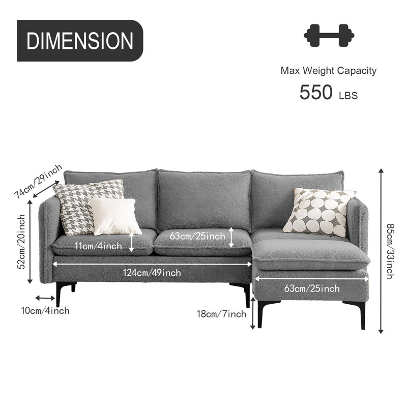 Canapé modulaire rembourré 2 pièces Waynesfield, Velours gris en peluche