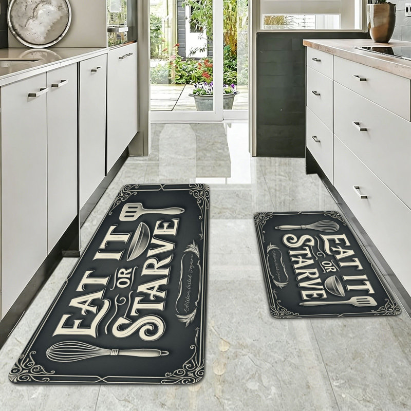 Ensemble de 2 tapis de cuisine bistro foncé foncé "Eat It Or Starve"