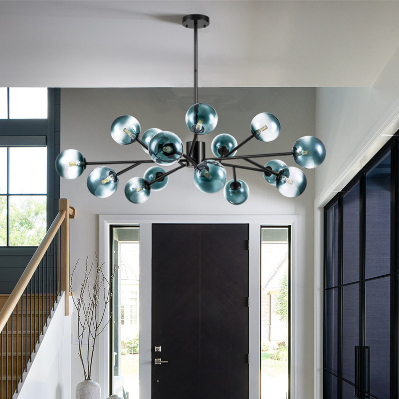 Spoffo 15 Light Sputnik Sphere Chandelier Kitchen Island Pendant Lamp With Glass Lampshade, Black