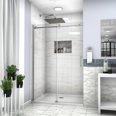 Brushed Nickel Single Sliding Bypass Shower Enclosure 48"x76" - Clear Tempered Glass, Bathroom Luxury Reversible Door, Fits Uneven Walls Wall Bracket And Guide Block Supplied Door 48" W X 76" H Glass
