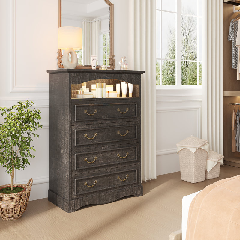 31.5"W Farmhouse 4 Drawer Dresser With LED Light,Tall Chest of Drawer With Anti-Tip for Bedroom,Dresser Organizer With Media Shelf