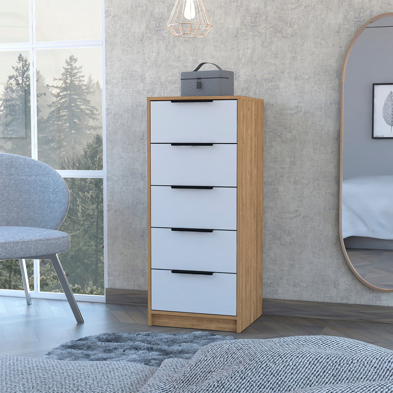 Commode 5 tiroirs, commode verticale - blanc / pin