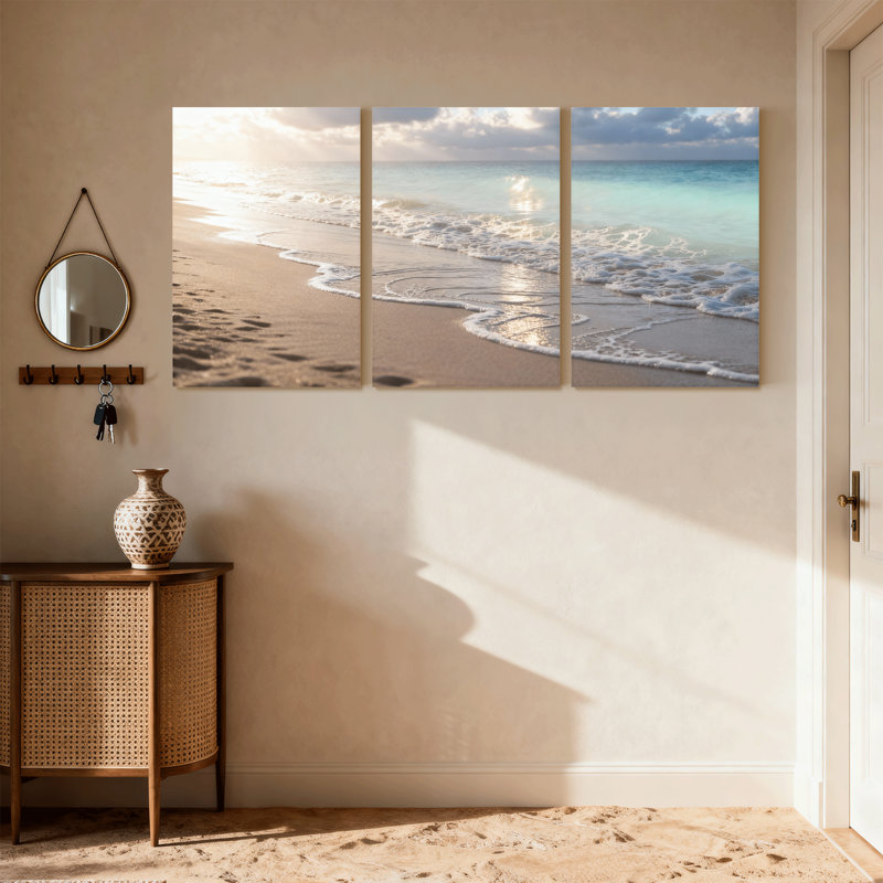 Plage, coucher de soleil, plage, vagues, ciel de sable, océan, horizon, nuages, ensemble de 3 impressions sur toile