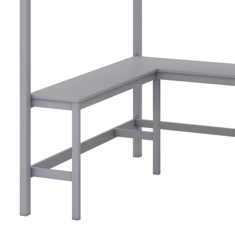 Lit mezzanine avec bureau en L, tablettes de rangement et escalier de rangement attaché, gris