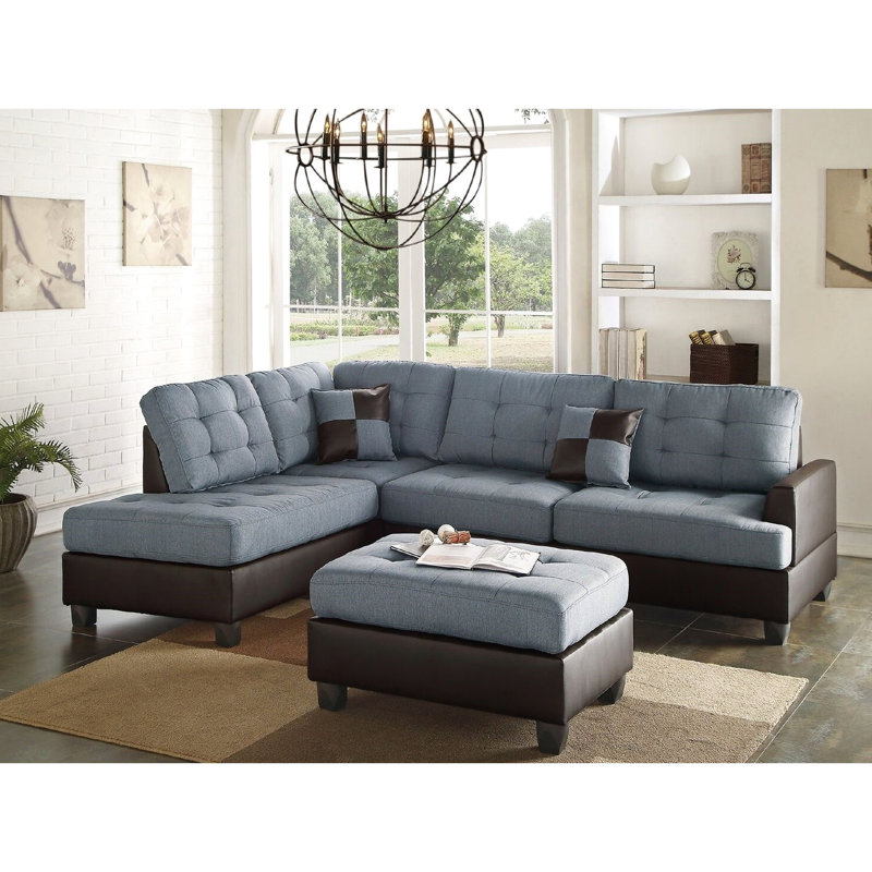 Canapé modulaire contemporain gris, tissu semblable au lin, coussins de dossier, méridienne réversible et tissu chic