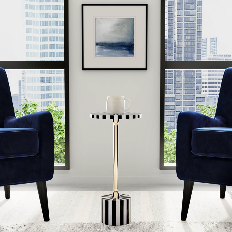 Zane Brass and Bone Inlay Side Round Side Table, Black/Gold