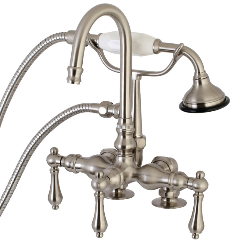 Kingston Brass Aqua Vintage Three-Handle 2-Hole Deck Mount Clawfoot Tub Faucet with Hand Shower, Brushed Nickel