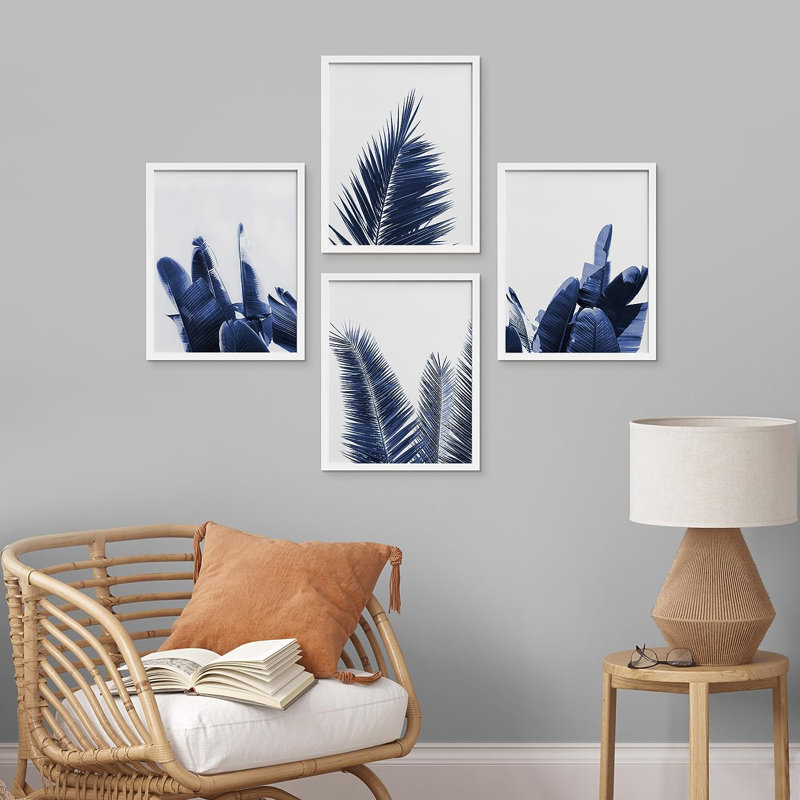 Reproduction de 4 pièces encadrées bleu marine et tropicales, H 16 po x l 12 po x P 1 po, Cadre blanc