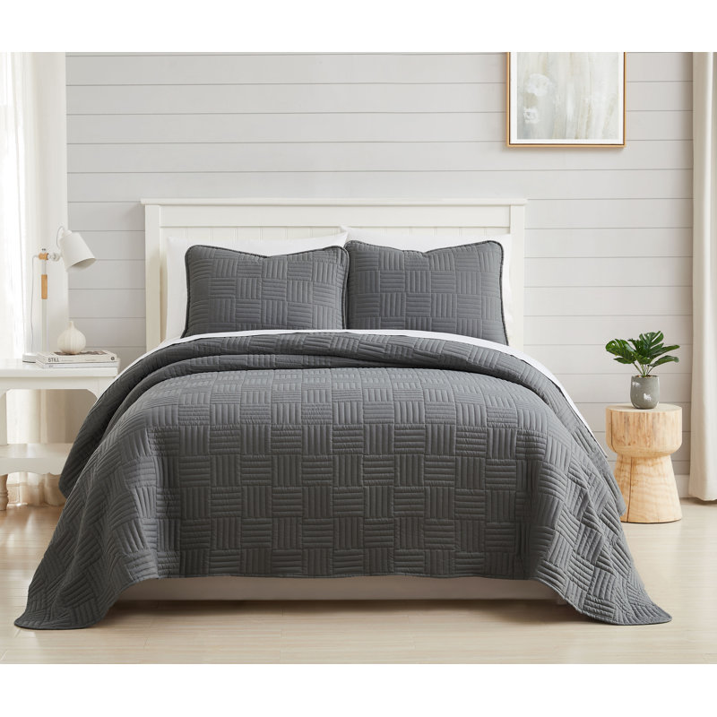 Grid Quilted Oversized lightweight Prewash Microfiber Quilt Set, King Quilt + 2 King Shams, Dark Gray