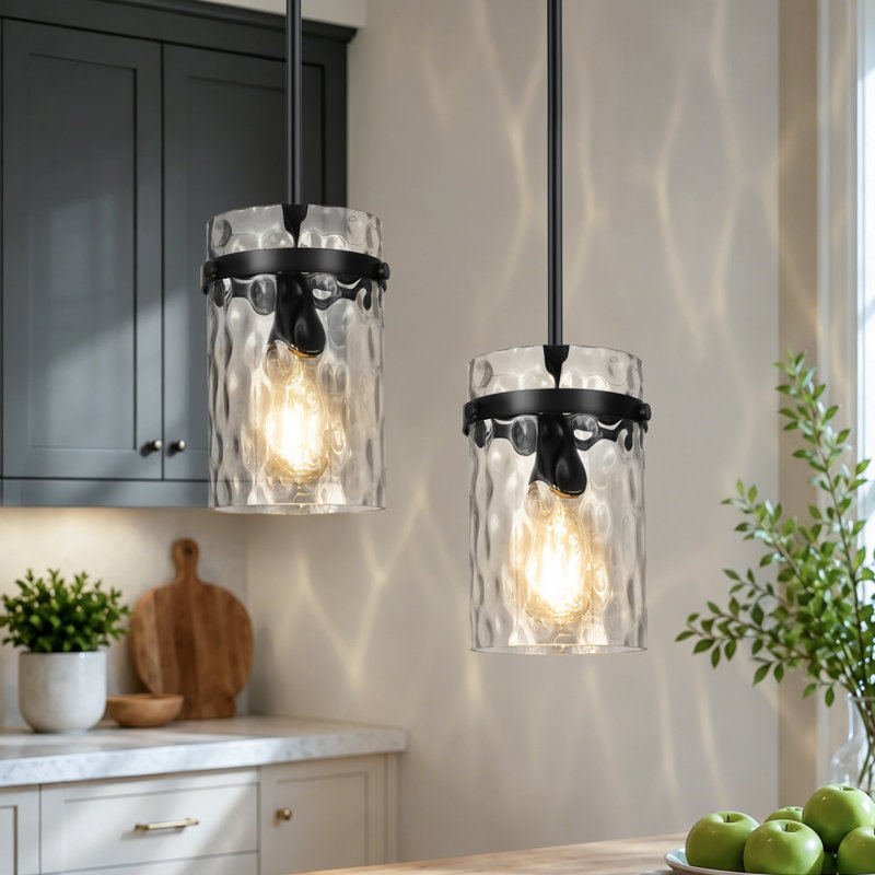Levona 1 - Light Large Kitchen Island Pendant With Clear Hammered Glass Shade（Set of 2）, Matte Black/Gold