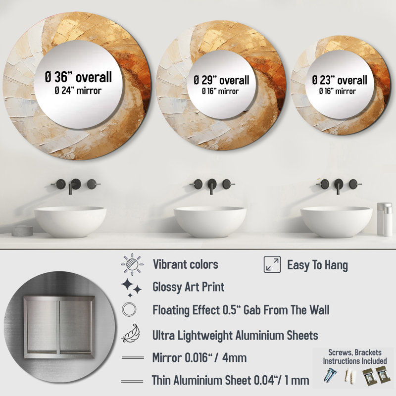 Gold Beige Spiral Poteries - miroir en spirale abstrait, 23 po x 23 po