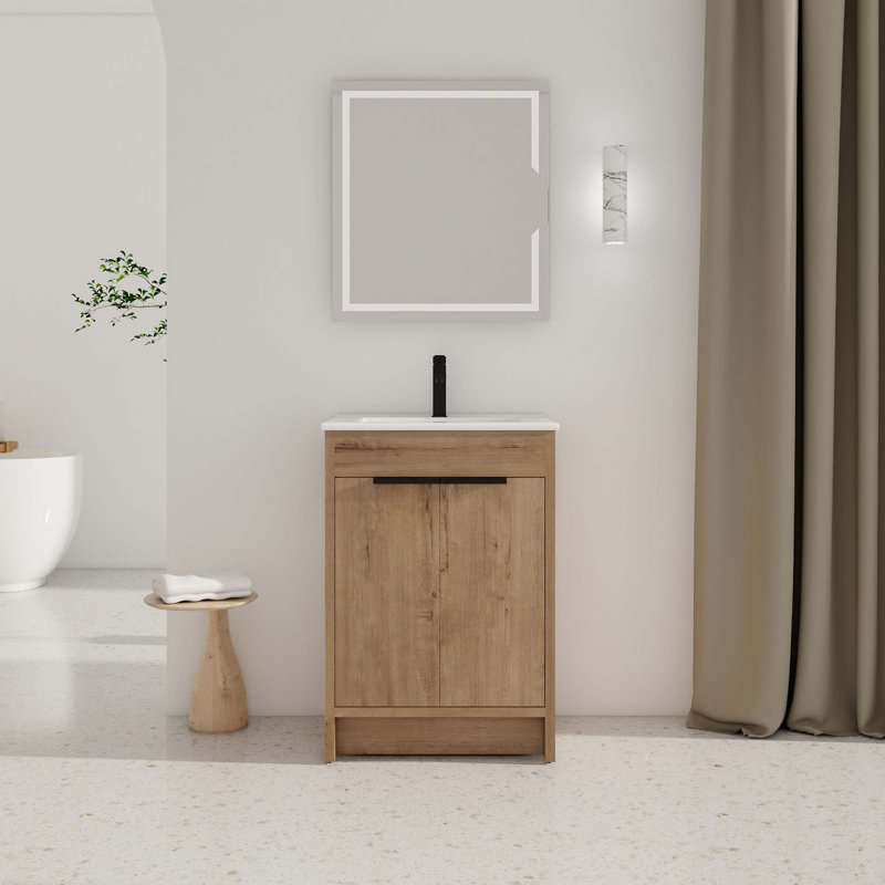 Meuble-lavabo autoportant avec lavabo en céramique, Blanc, 24"