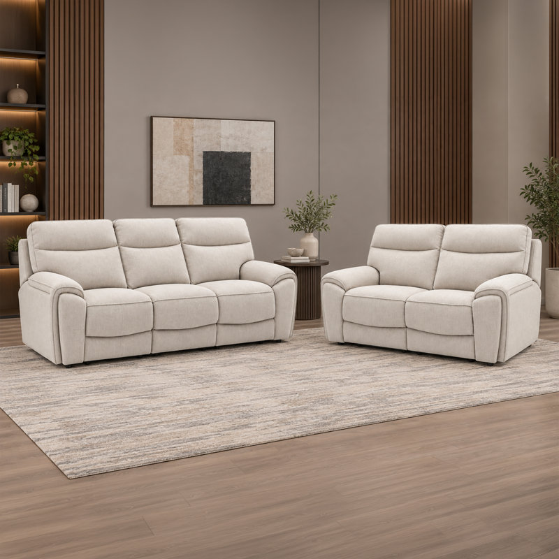 Ensemble canapé et causeuse inclinables Maddox 2 pièces en tissu texturé avec porte-gobelets dissimulés, Beige