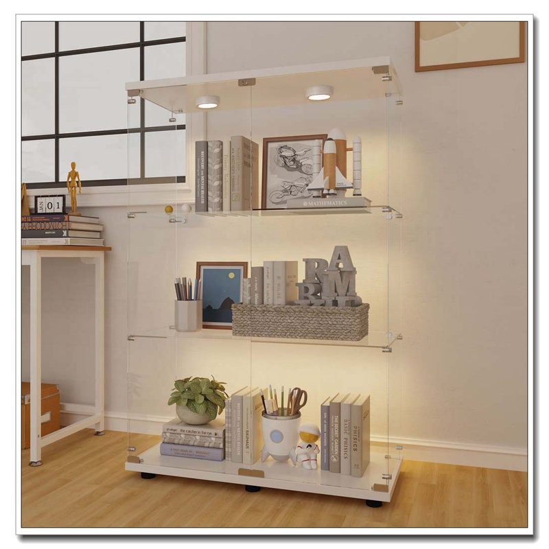 Vitrine en verre trempé avec éclairage à piles et pieds réglables, H 49,29 po x l 30,91 po x P 13,58 po, Blanc