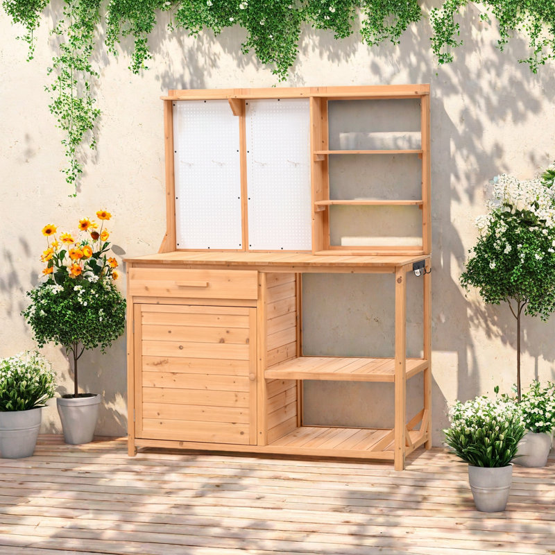 Banc de rempotage extérieur avec espace de travail spacieux, crochets perforés et rangement réglable, table de jardinage pour patio, poste de travail de jardin élégant avec huche, tiroir, armoire et tablettes