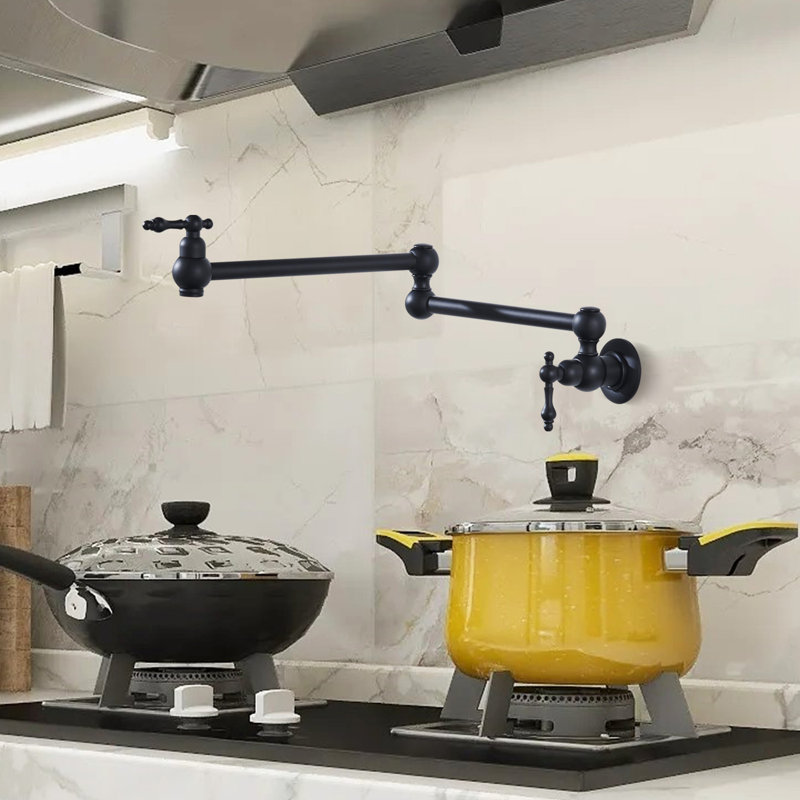 Over Stove Wall Mount Pot Filler,with Stretchable Double Joint Swing Arm, Matte Black