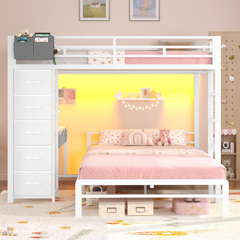 Lit superposé avec bureau, lit superposé double au-dessus de double avec 5 tiroirs de rangement et station de charge, blanc