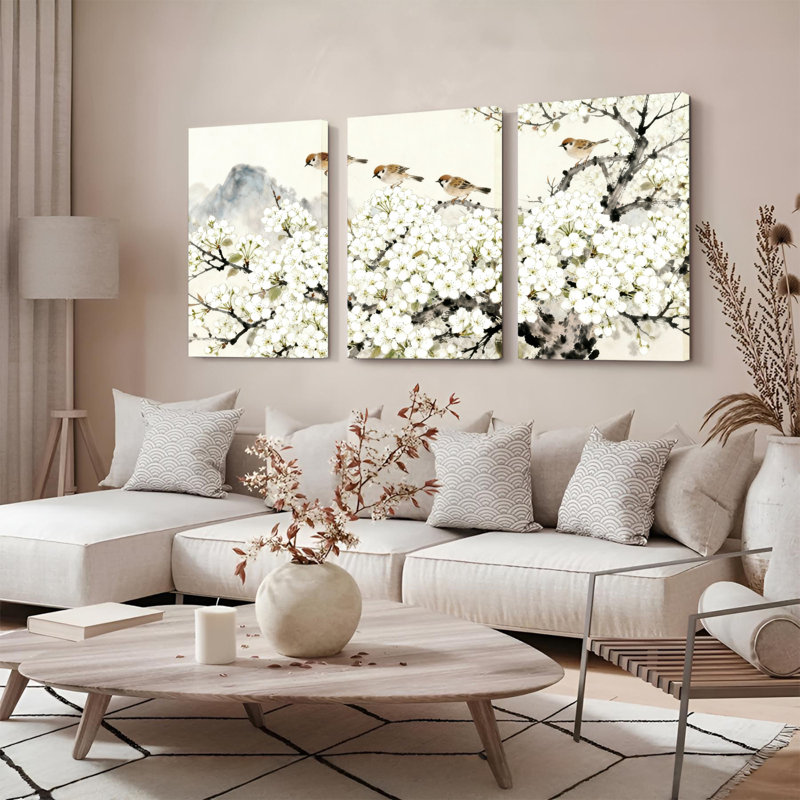 Tableau aquarelle sur toile tendue, motif de fleurs de cerisier et d'oiseaux, style traditionnel de l'Asie de l'Est (lot de 3)