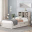 Lit plateforme simple, cadre de chambre à coucher avec tête de lit bibliothèque, port USB intégré et tiroirs sous le lit, panneau de particules blanc pur