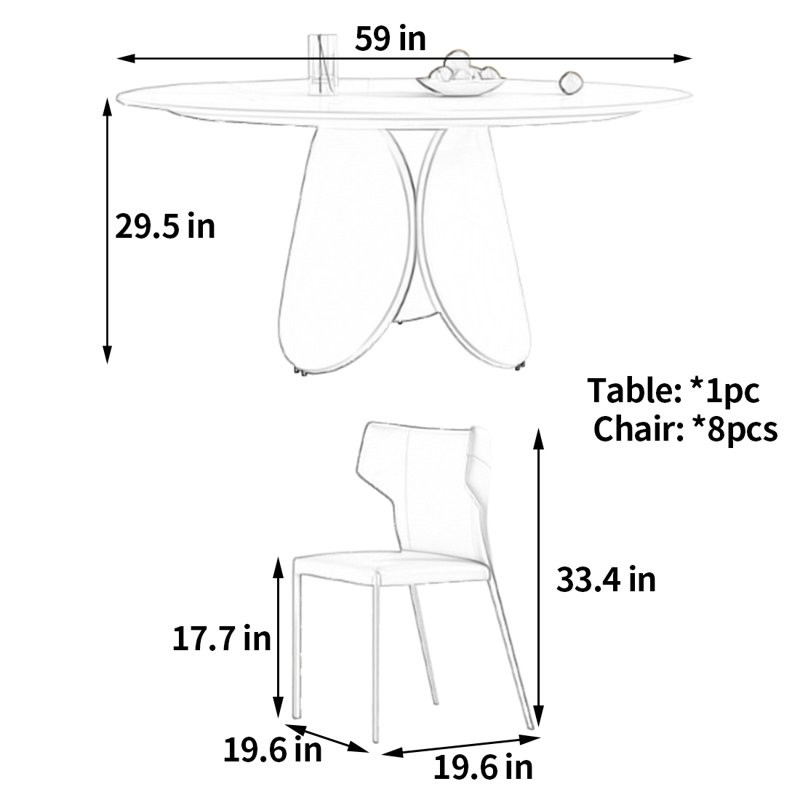Table et chaise de salle à manger blanc pur de style minimaliste, H 29,5 po x L 59 po x l 59 po