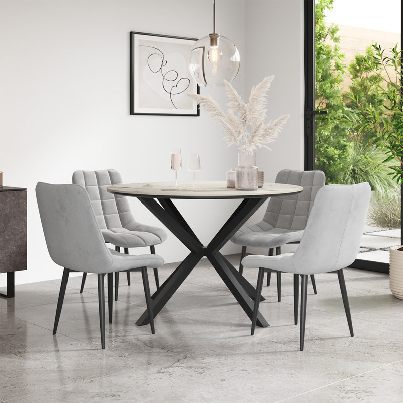 Calne 120cm Round Calcutta Gold Marble Effect Ceramic Dining Table Set with 4 Nova Velvet Chairs, Grey