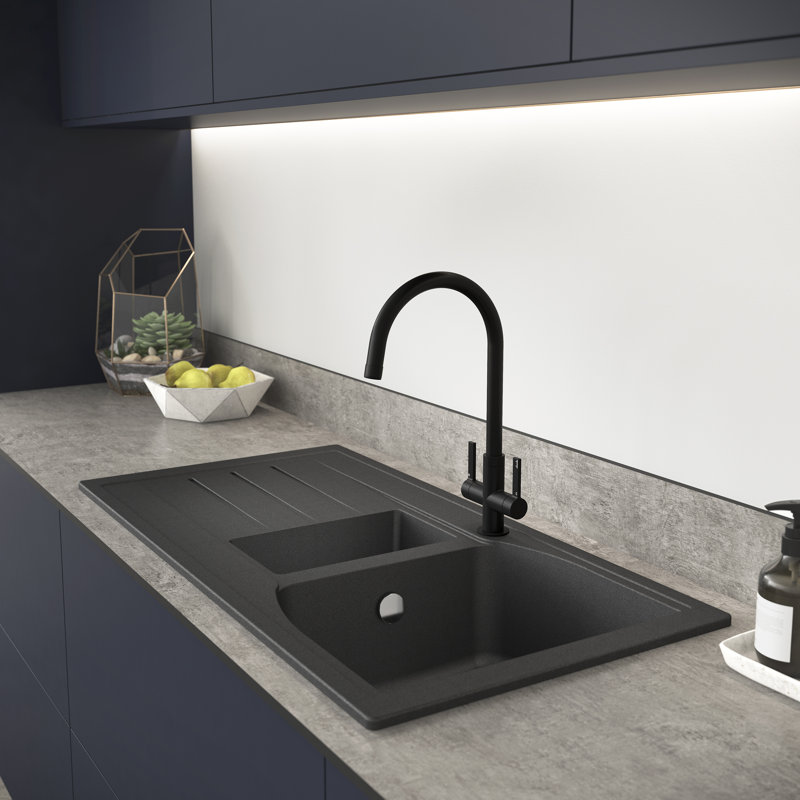 Abode Designs Oriel 480mm W Granite Kitchen Sink with 2 Faucet Holes, Black