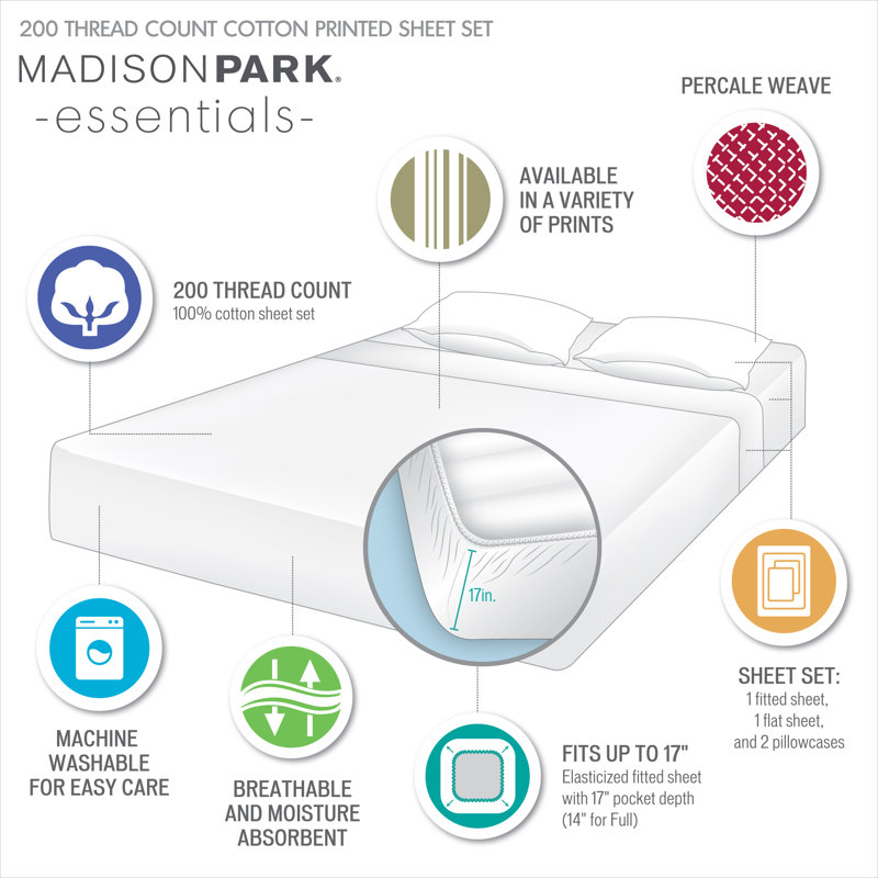 200 Thread Count Printed Cotton 200 Thread Count Printed 100% Cotton Sheet Set, Queen Sheet Set with 2 Pillowcases