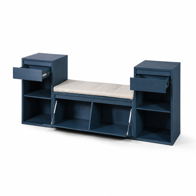 Banc de rangement tout-en-un avec coussin, compartiments rabattables, tiroirs coulissants et tablettes ouvertes - conception multifonctionnelle peu encombrante
