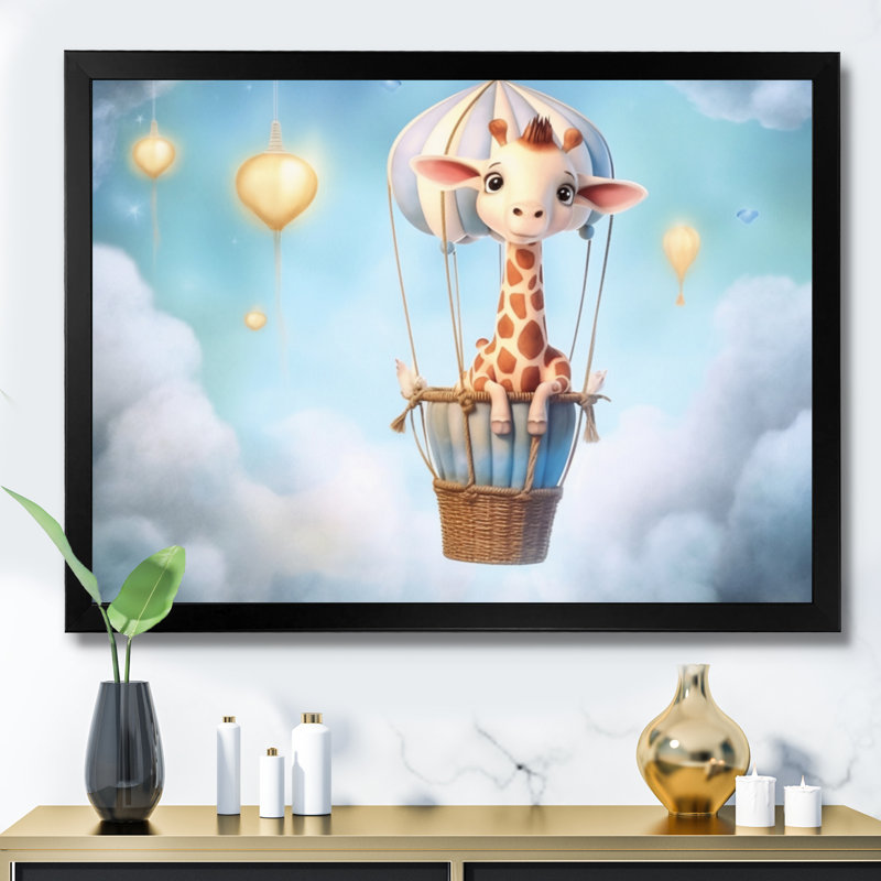 «Nursery Adorable Giraffe I», reproduction sur toile, H 24 po x l 32 po x P 1 po, Cadre simple noir