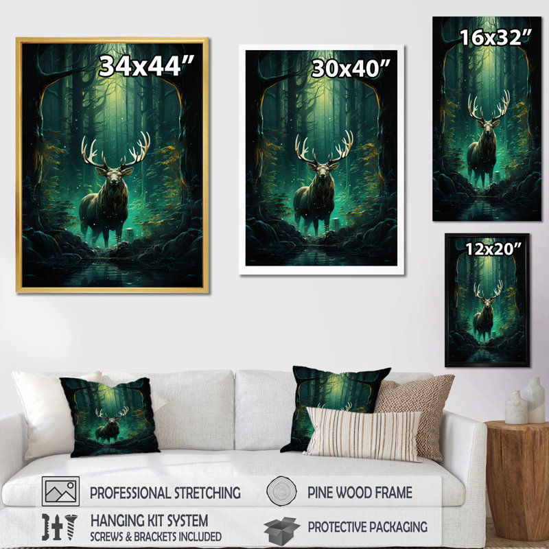 «Lagrant Teal Green Moose Enchanted Forest II», reproduction sur toile, Cadre photo argenté, H 32 po x l 16 po x P 1 po