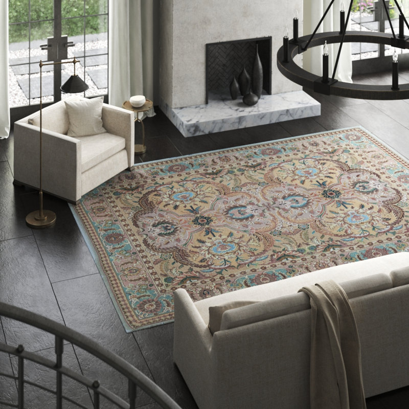 Hand-Knotted High-Quality Gold and Green Area Rug