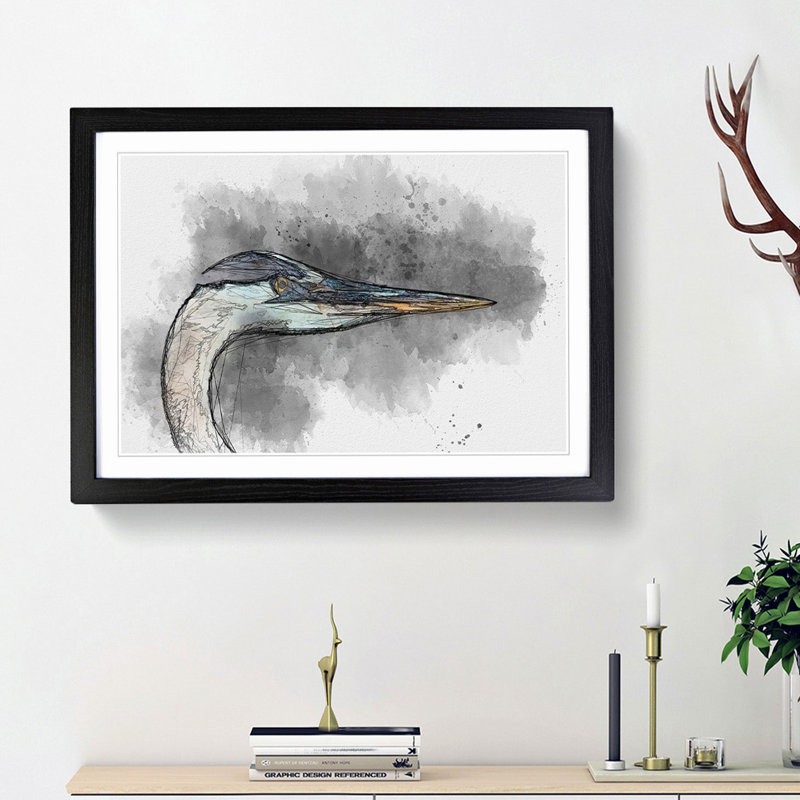 Heron Portrait in Abstract - Picture Frame Graphic Art Print, Black Framed, 62cm H x 87cm W x 2cm D