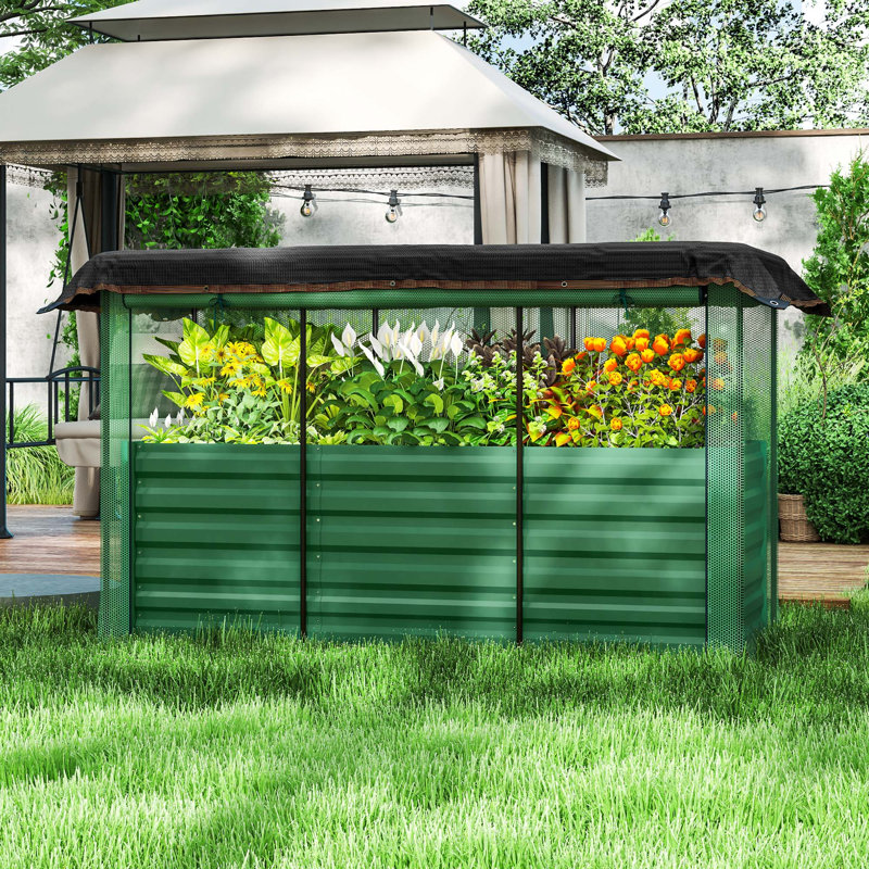 Galvanized Raised Garden Bed with Crop Cage Plant Protection Net and Shade Cloth Roof, Metal Planter Box with Cover for Vegetables, Flowers, Herbs,