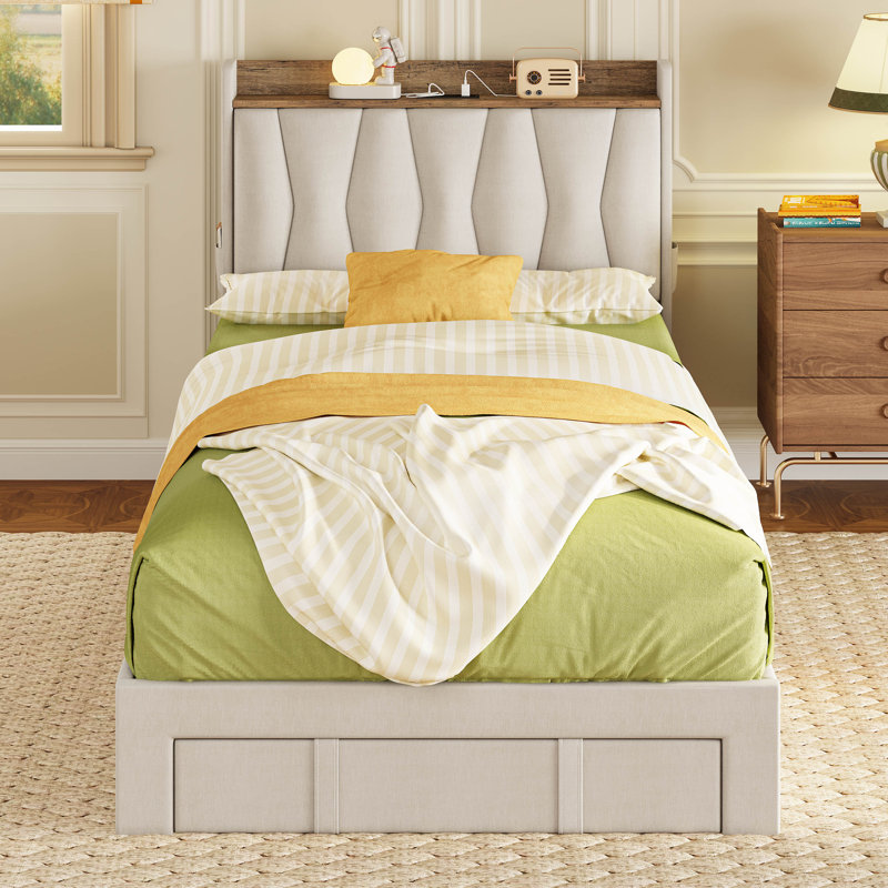 Upholstered Bed Frame with 3 Drawers, Bed with Storage Headboard and Charging Station, Beige, Twin XL